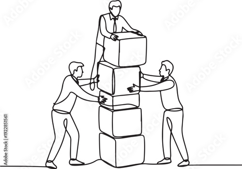 Three men stacking boxes in an office environment from a side view