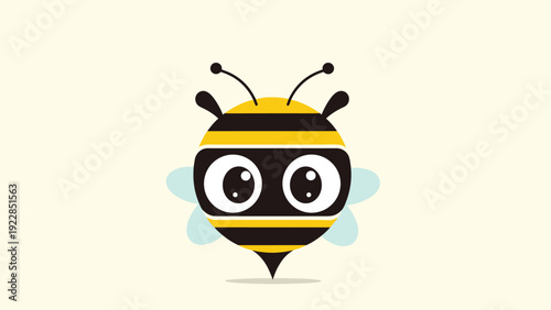 Adorable cartoon honey bee with large shiny eyes and yellow and black stripes flies with small light blue wings against a cream background.