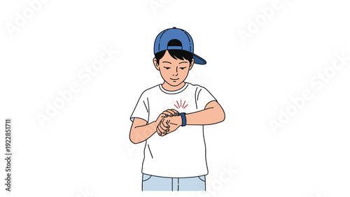 Young boy in a blue baseball cap and white t-shirt looks curiously at his glowing smartwatch on his left wrist with a red signal.