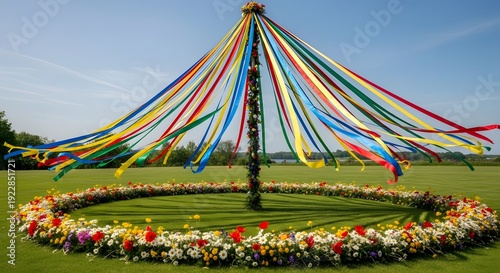 Vibrant maypole festival decoration with colorful ribbons and flowers