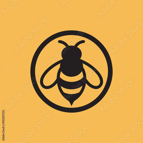 Stylized black bee silhouette in a simple circle emblem symbolizing nature insects and organic products set against a vibrant solid golden yellow background evoking warmth and summer perfect