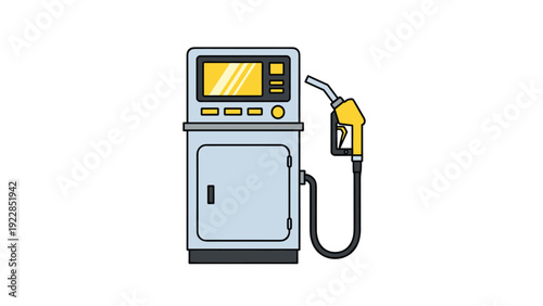 Simple icon of a grey and yellow fuel pump station with a nozzle and screen represents gasoline and diesel services for motor vehicles.