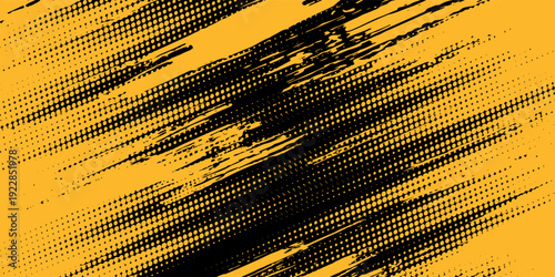 Halftone yellow dots pattern and black gradient grunge texture background. Dotted line comic sport style vector illustration.