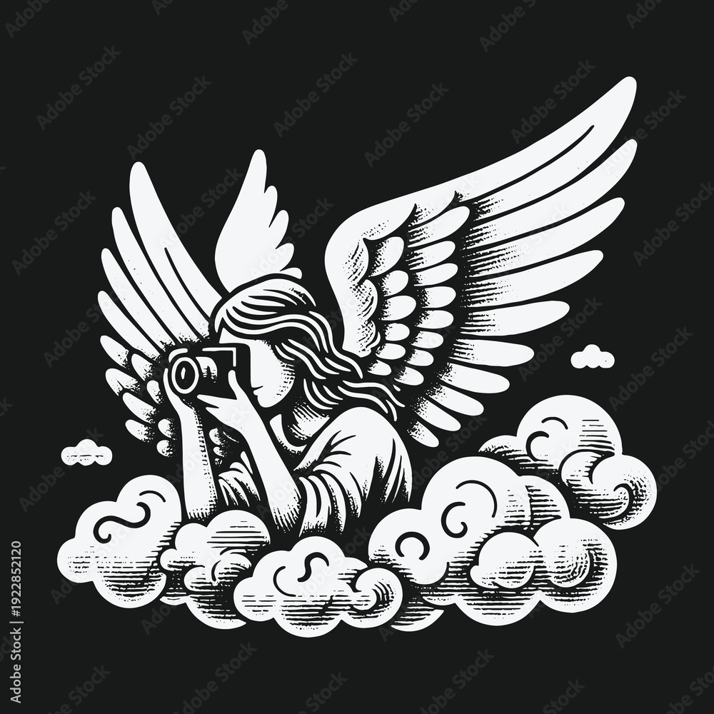 Fototapeta premium Angel Photographer in the Clouds: Capturing Celestial Moments with Precision.