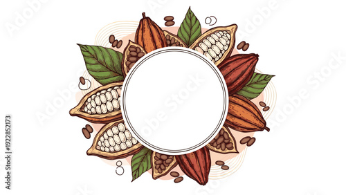 Circular frame made of cocoa pods and leaves in earthy tones with a blank white center provides a natural border for food branding.
