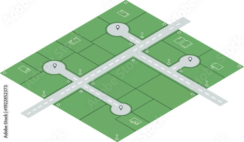 Aerial view of a green microchip circuit board with white pathways and connectors