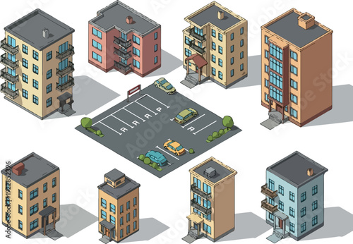 Isometric illustration of urban buildings surrounding a parking lot with cars and greenery viewed from above