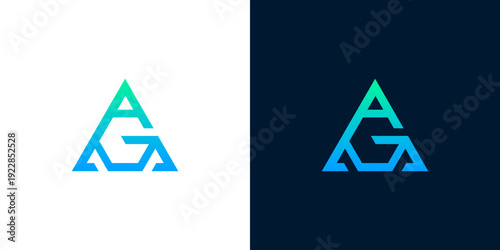 Abstract geometric logo design featuring interwoven letters A and G in a triangular frame, presented in blue-green gradients against white and navy backgrounds