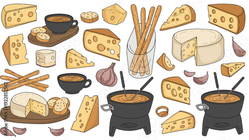 Assorted collection of gourmet cheeses and appetizers includes Swiss cheese wedges and fondue pots served with fresh breadsticks.