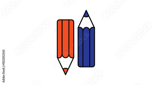 Pair of sharpened colored pencils in orange and blue stand side by side as essential tools for art projects and creative schoolwork.