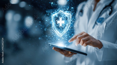 Healthcare professional interacts with holographic shield icon displaying a medical cross on a digital device