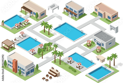 Isometric view of a luxury resort complex with multiple pools, buildings, and palm trees in a tropical environment