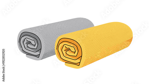 Two soft rolled up towels in contrasting grey and yellow colors are neatly presented for use in a bathroom or luxury spa setting.