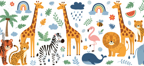 Cute Safari Animal Vector Collection Featuring Giraffes, Lion, Zebra, and Flamingo with Rainbow and Tropical Leaf Elements for Children’s Nursery Decor and Apparel
