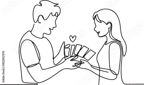 Man and woman exchanging money with a heart above in a simple line illustration