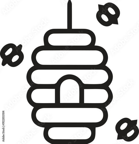 Black and white vector icon of a beehive and flying bees