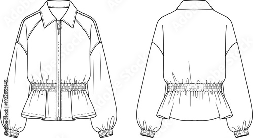 Women’s cropped zip jacket technical fashion flat sketch vector illustration, front and back view elastic waist detail for apparel design template