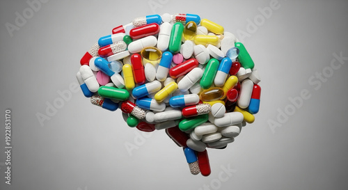 Conceptual illustration of human brain formed by various colorful medical pills capsules and tablets representing mental health psychiatry neurology pharmacology and drugs