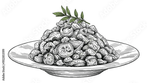 Plate of freshly prepared gnocchi or small dumplings is garnished with a green herb sprig in a detailed black and white sketch.