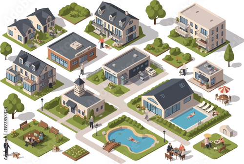 Aerial view of a suburban neighborhood with houses, gardens, and community pool