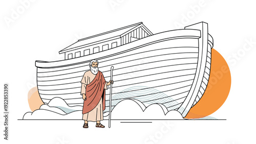 Biblical figure Noah stands proudly with a wooden staff in front of his massive ark on a calm day with an orange sun in the back.