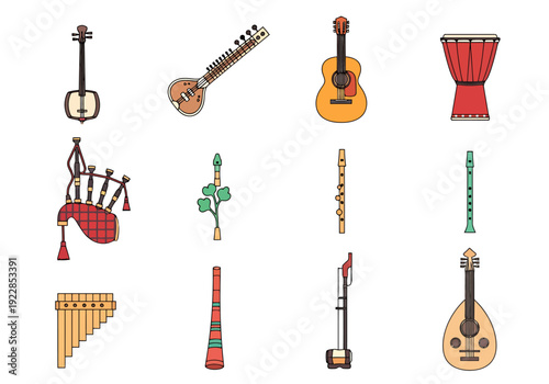 Collection of Diverse Musical Instruments Showcasing Global Rhythms and Melodies From Around the World for Content Creation
