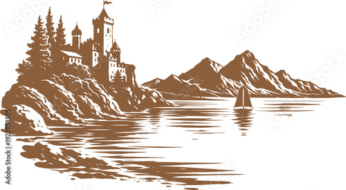 Mountain Lake Castle Landscape Vintage Engraving Illustration.