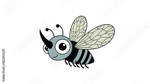 Quirky cartoon insect with a single horn and large curious eyes flies through the air in a fun and colorful character illustration.