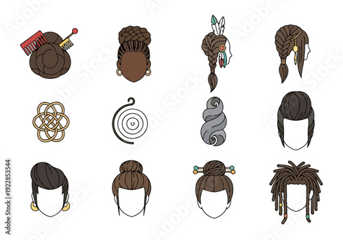 Collection of Diverse Hairstyles and Hair Accessories for People of Color Isolated on White Background Abstract Designs Related to Hair Styling