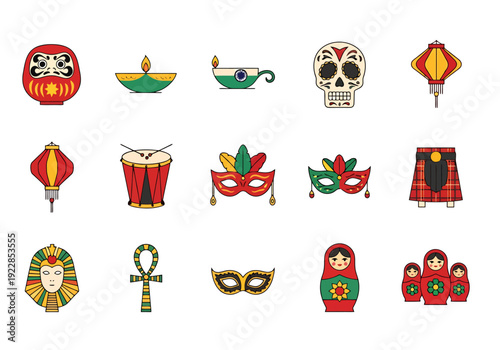 Diverse Cultural Symbols Collection Greeting Festive Celebration Icon Set Objects Art