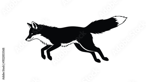 Sleek black and white illustration of a wild fox captured in mid-air while running swiftly through a minimalist forest setting.