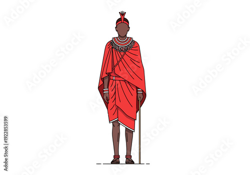 African Tribal Person Wearing Red Shuka Traditional Clothing Holding Stick Standing Isolated White Background