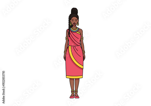 Full Body View of a Woman in Traditional African Attire Standing Isolated on a White Background