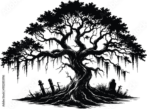 Gothic Haunted Tree Illustration, Dark Cemetery Nature Silhouette.