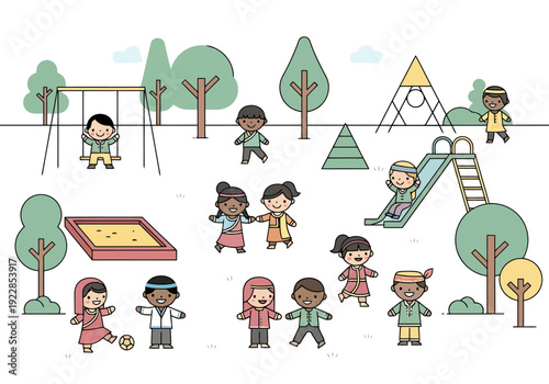 Diverse Children Playing Together on Outdoor Playground Equipment Enjoying Recreation and Social Interaction