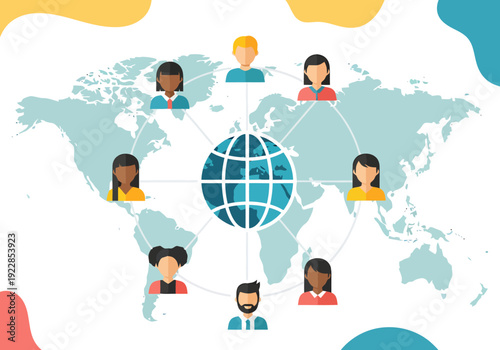 Global Connections People Connected Across Continents Digital Network Communication Concept World Map Background Diverse Individuals Linked Together