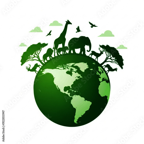 Diverse Wildlife and Lush Greenery Flourishing on a Vibrant Planet Earth Illustration