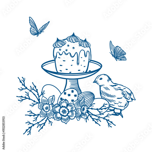 Easter cake with a standing chick and a bouquet of flowers, twigs and eggs. Fluttering butterflies. Hand drawn vector illustration in line art style for cards, invitations and holiday banners.