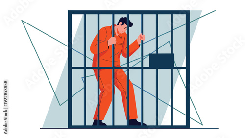 Man wearing an orange prison jumpsuit grips the metal bars of his jail cell in a symbolic illustration of incarceration and justice.