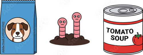 Vector Sticker Collection Featuring a Blue Bag of Dry Dog Food, Pink Earthworms in Soil, and a Tin Can of Condensed Tomato Soup
