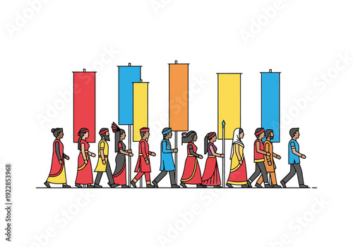 Diverse Group Of People In Traditional Attire Marching Together Holding Vertical Banners Against White Background Representing Unity And Celebration