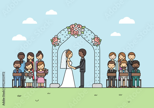 Diverse Couple Exchange Vows Under Floral Arch Surrounded by Friends and Family at Outdoor Ceremony