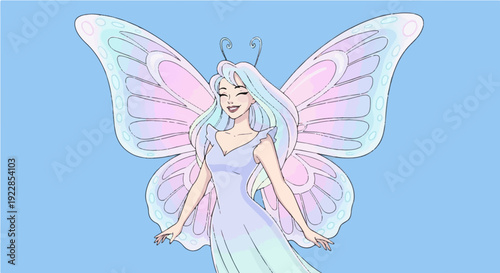 Enchanting vector art of blue haired fairy with colorful butterfly wings posing gracefully on light background for mythology and magic concepts in stock images
