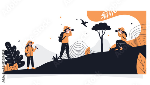 Three young explorers with backpacks and binoculars hike through a scenic landscape while observing nature and wild birds.