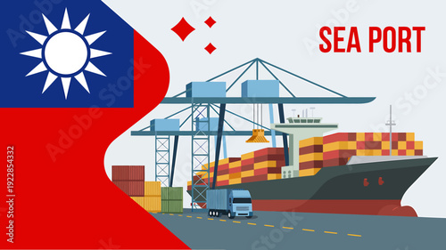 Taiwan sea port with cargo ship and containers on dock  industrial transportation hub