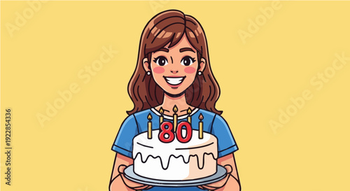 Vector illustration of smiling brunette girl presenting 80th birthday cake on yellow background symbolizing joy and longevity in cartoon style for greeting cards