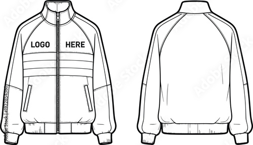 Men’s zip up track jacket technical fashion flat sketch vector illustration, front and back view with logo placement template for sportswear design