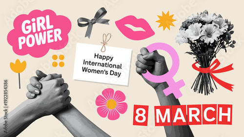 International Womens Day greeting card with girl power theme and flowers