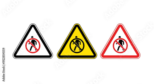 No pedestrian crossing traffic signs in black yellow and red colors