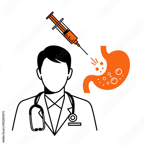 Doctor with stethoscope and syringe injecting into stomach graphic